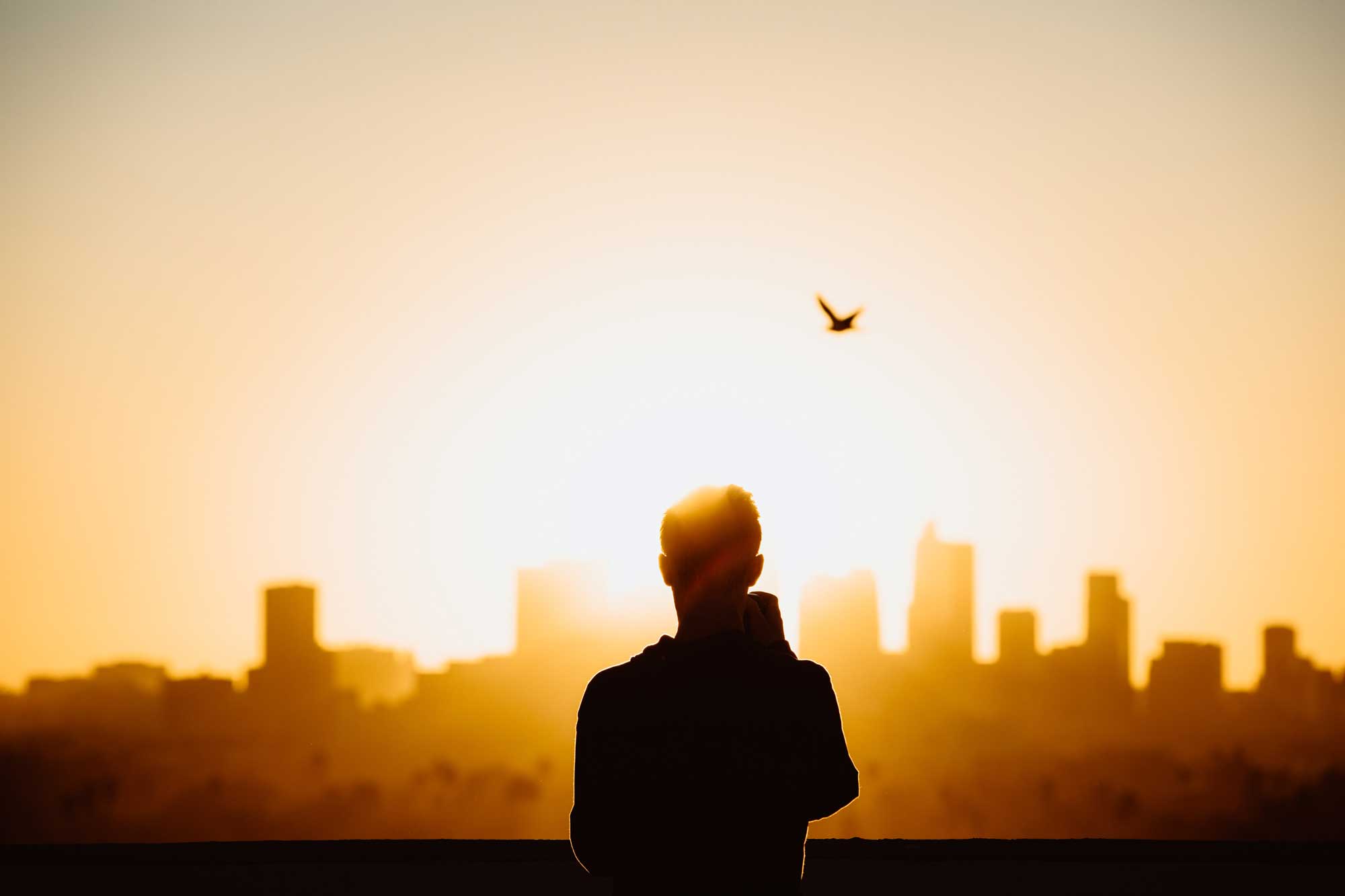 man standing facing silhouette of city